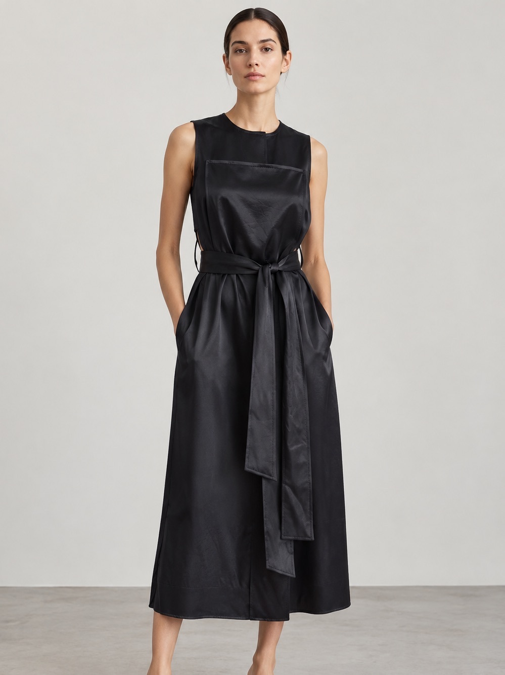COS Black Satin Sleeveless Tie-Waist Midi Dress SZ 4